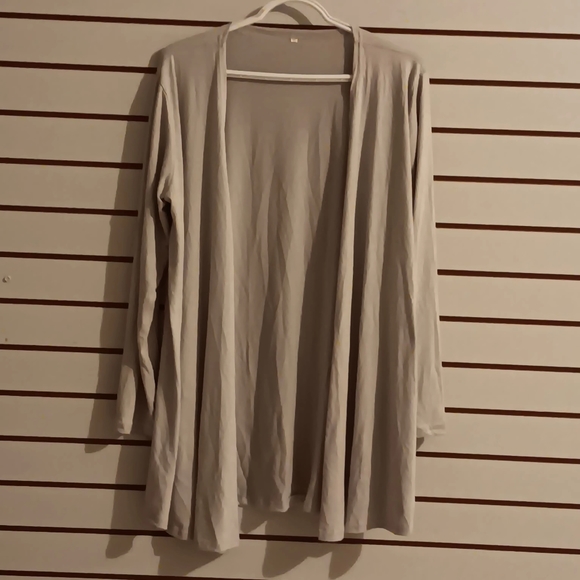 Womens Large Cardigan Sweater Long Ribbed Light Gray Open Front - Picture 2 of 4